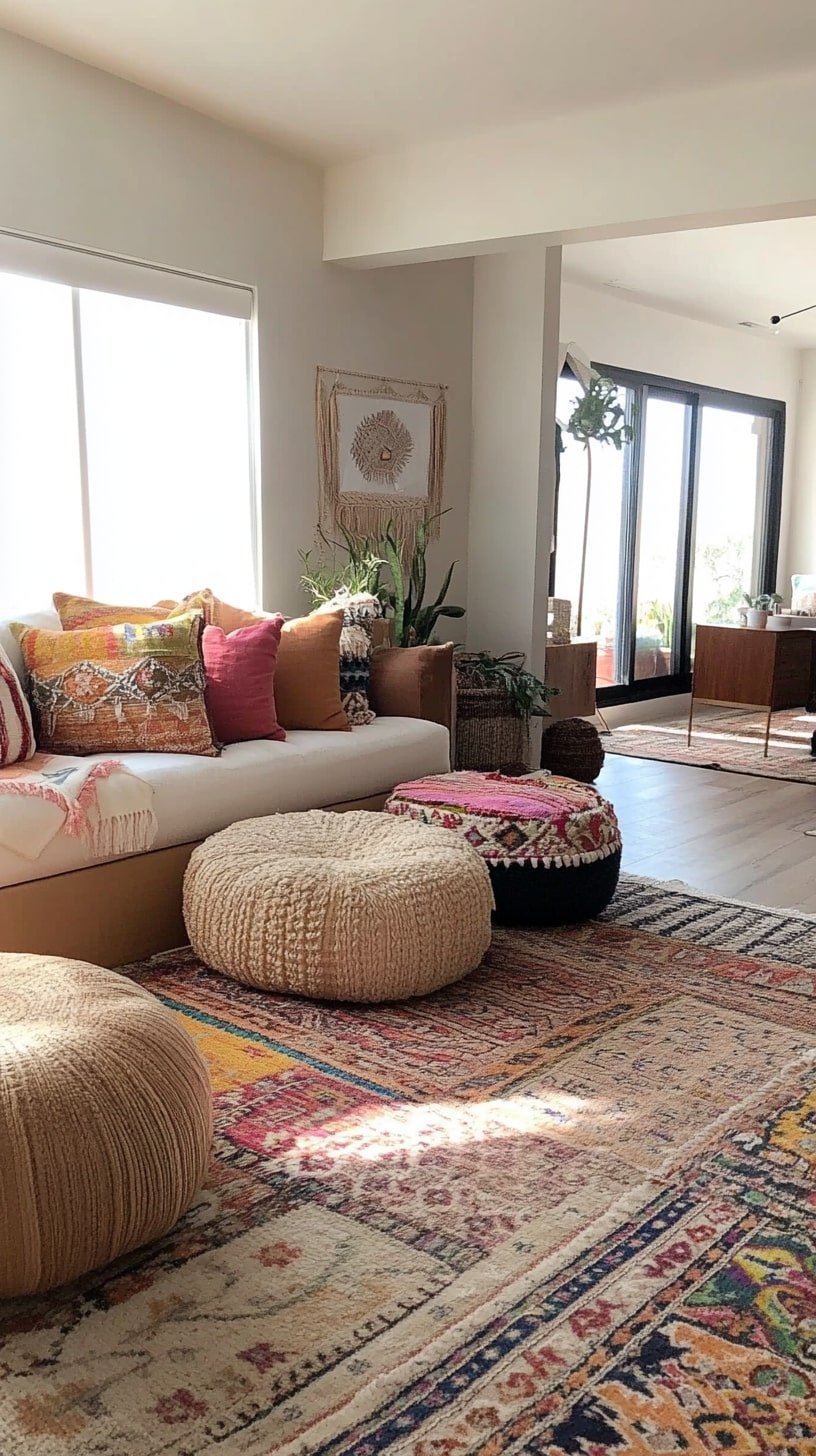 Tiny Boho Living Room with Layered Rugs and Poufs