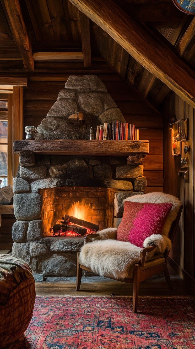 Tiny Cabin Lounge with Cozy Fireplace and Wood Accents