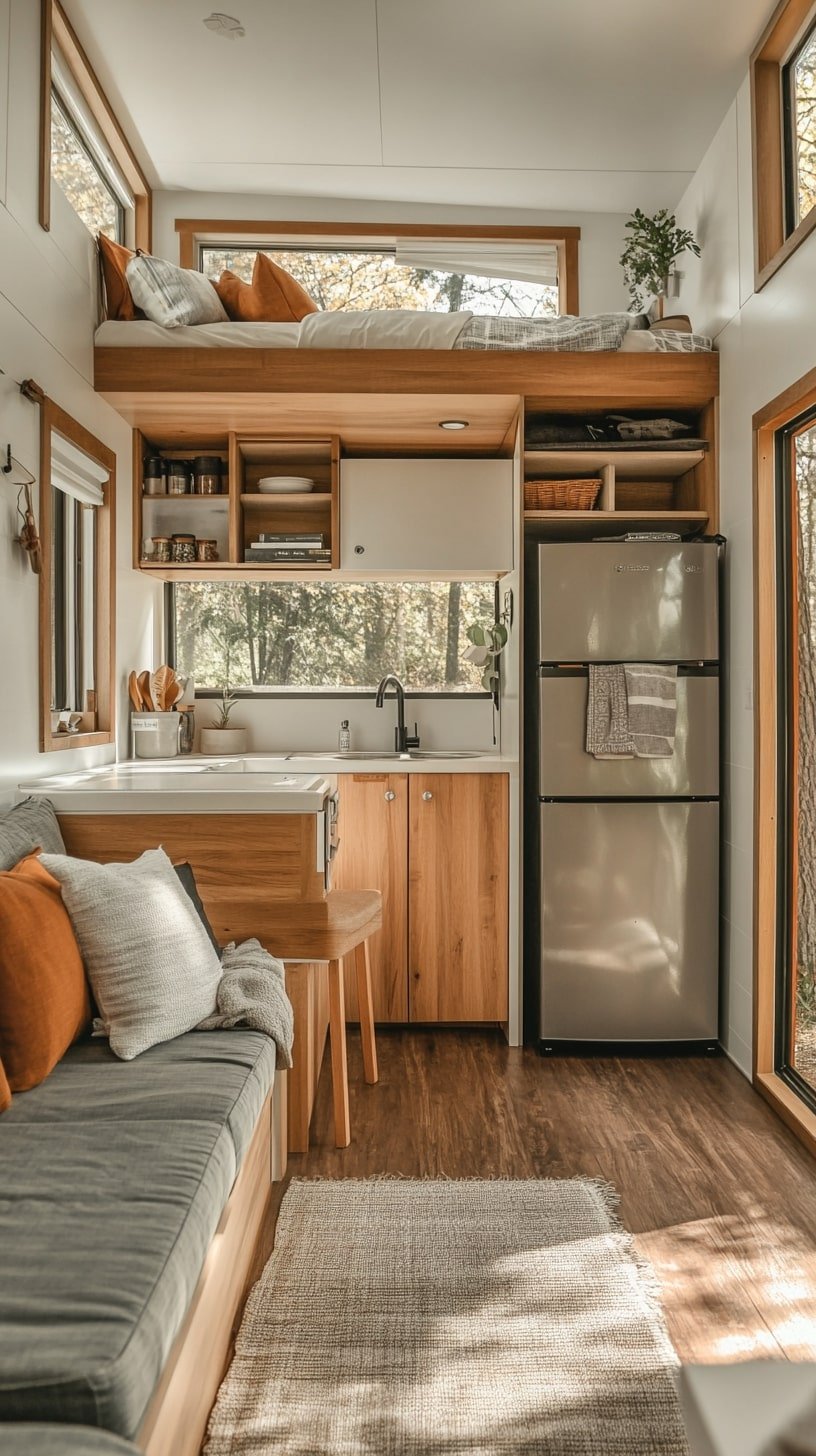 Tiny Home Interior with Kitchen and Lounge in One Flow