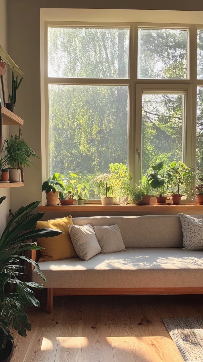 Tiny Home with Couch Facing Large Picture Window