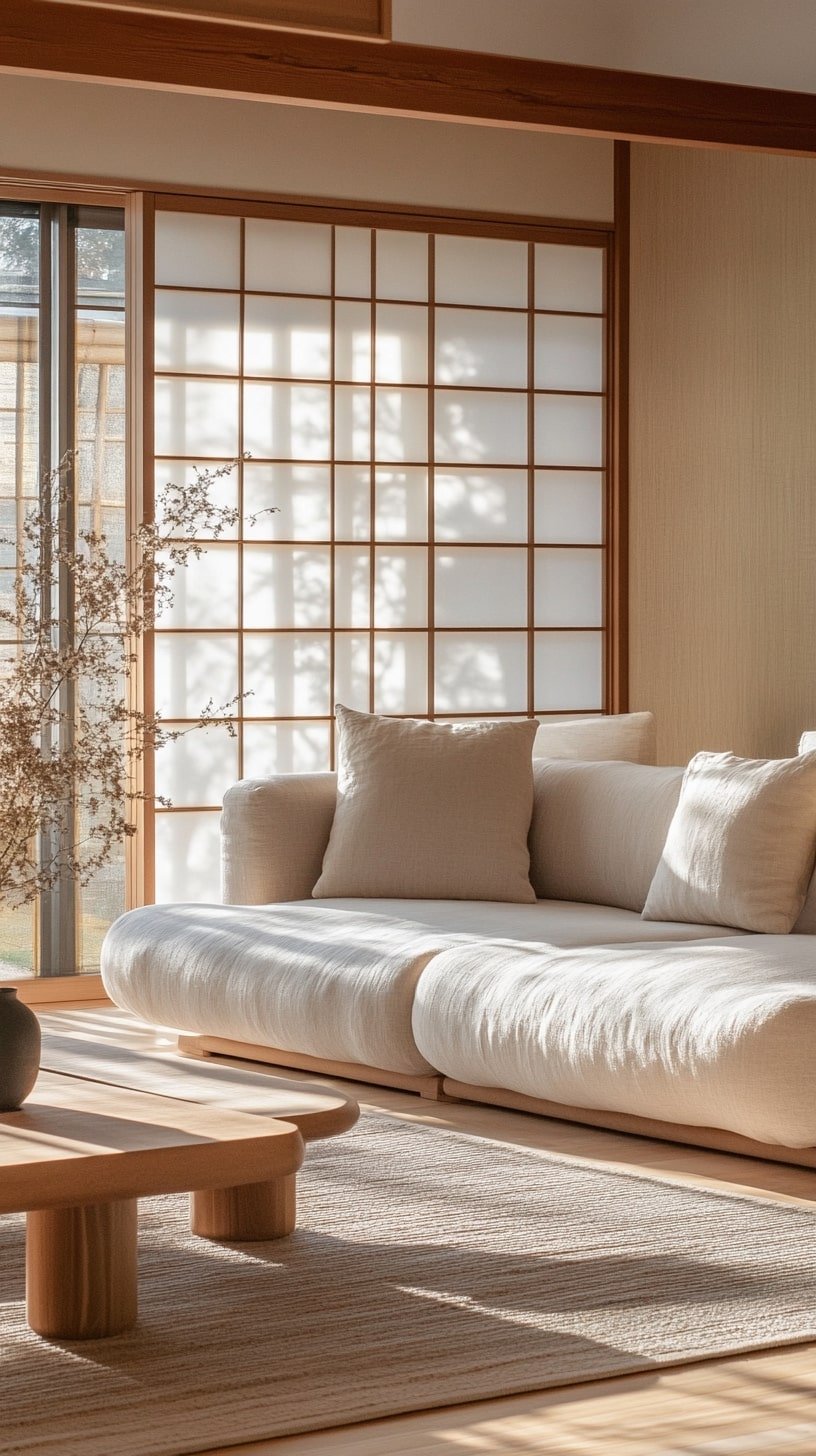 Tiny Home with Scandinavian Sofa and Japanese Shoji Screen Divider