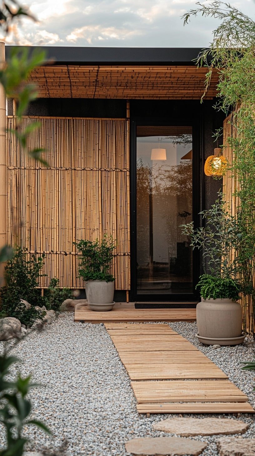  Tiny House Entry with Gravel Path and Bamboo Accent Wall