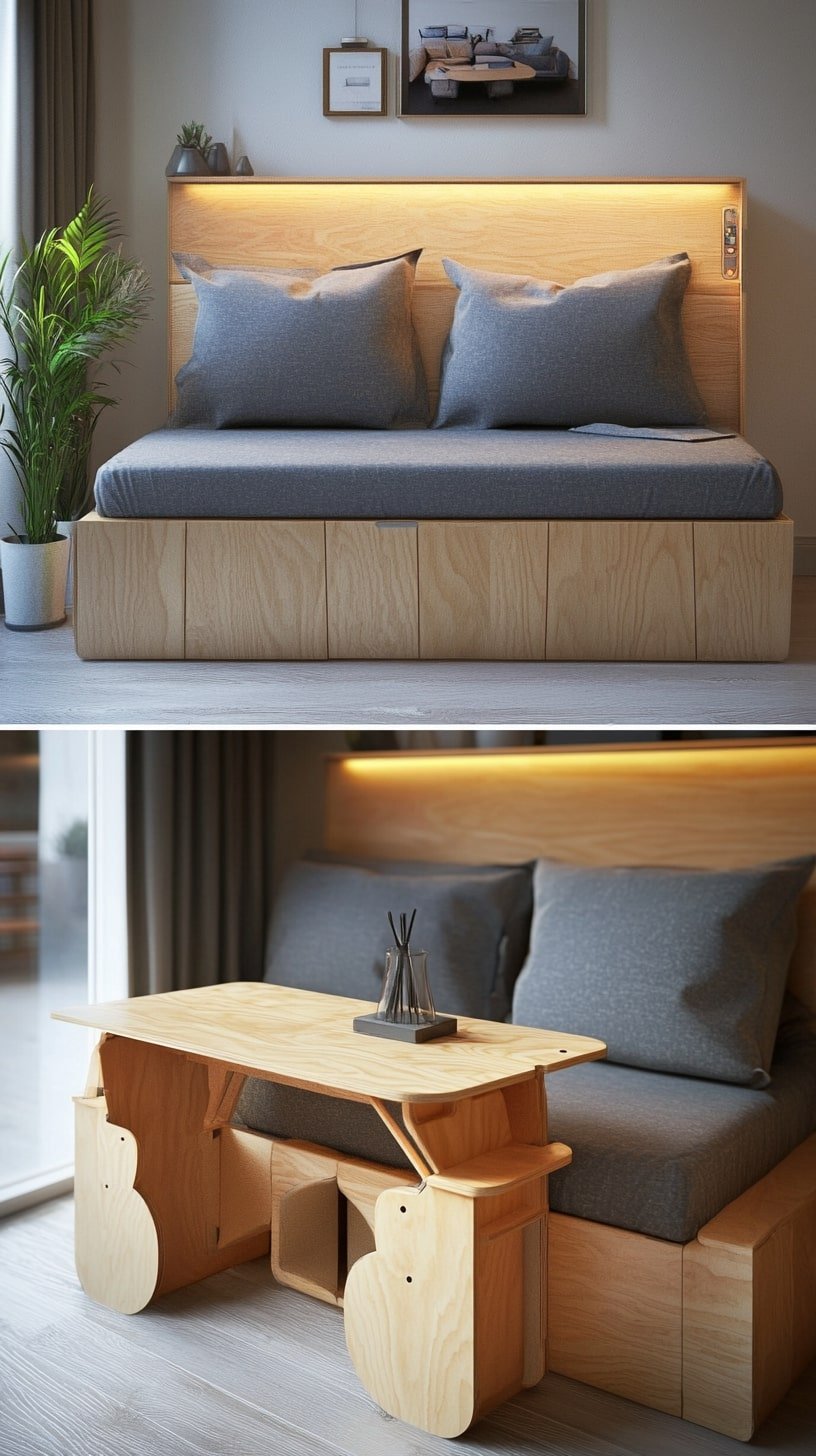 Tiny Living Room with Foldable Furniture and Smart Layout