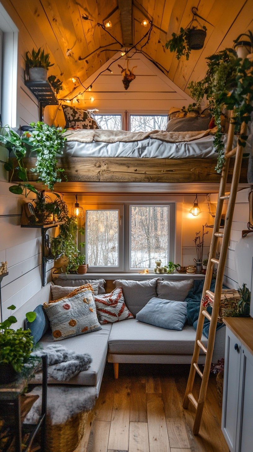 Tiny Living Room with Loft Overhead and Ladder Access
