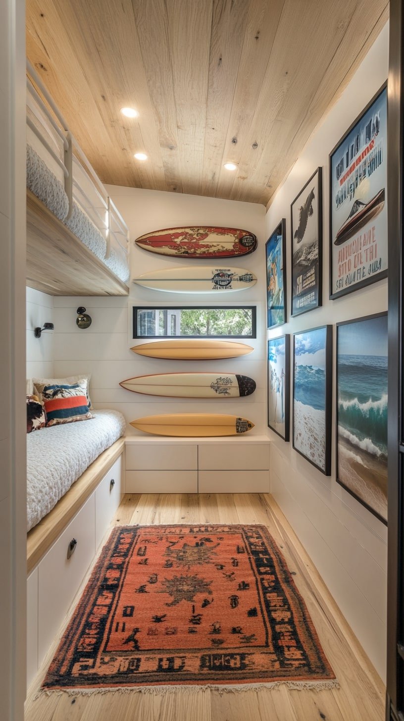Tiny Studio with Built-In Surfboard Storage and Ocean Posters