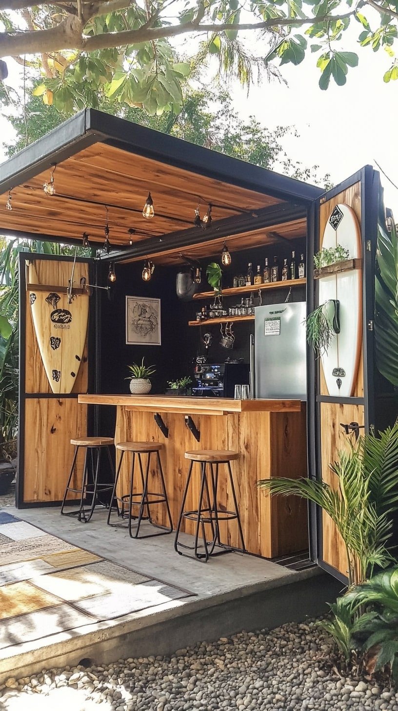 Tiny Surf House with Roll-Up Garage Door and Outdoor Bar