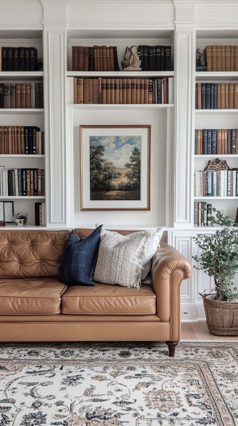 Traditional Living Room with Tan Leather Couch and Built-Ins