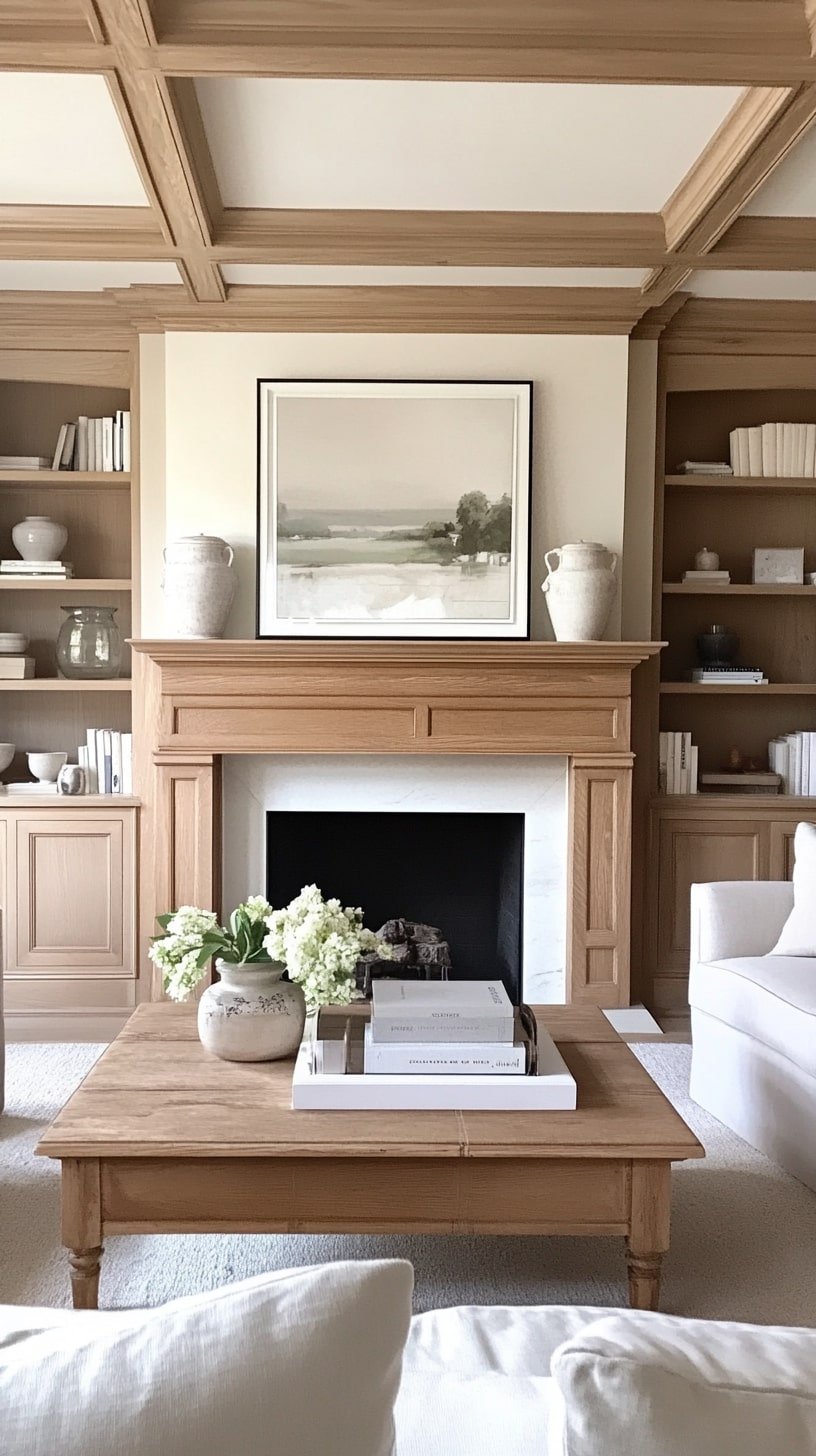 Traditional Living Room with White Fireplace and Blue-and-White Ceramics