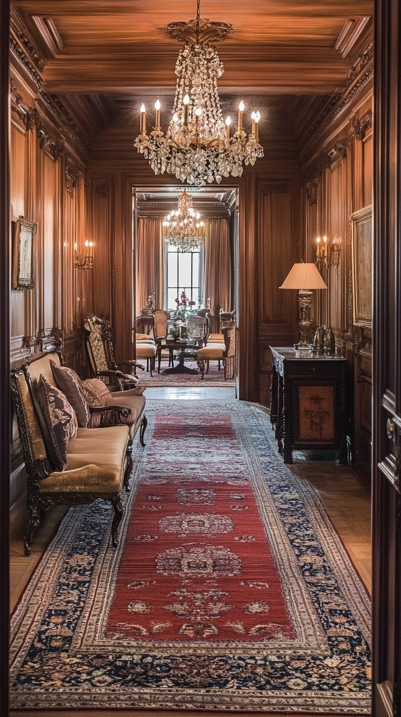 Traditional Long Living Room with Antique Furnishings and Layered Rugs