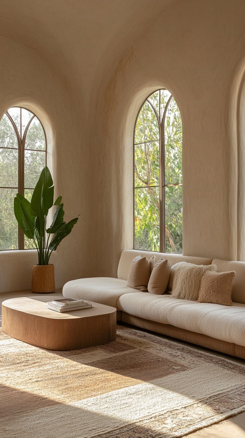 Transitional Living Room with Arched Windows and Tan Sectional