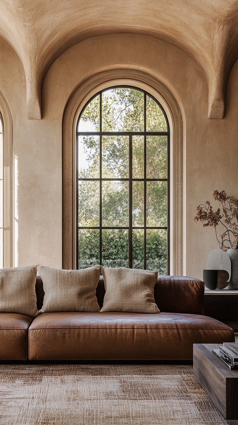 Transitional Room with Arched Windows and Cognac Couch