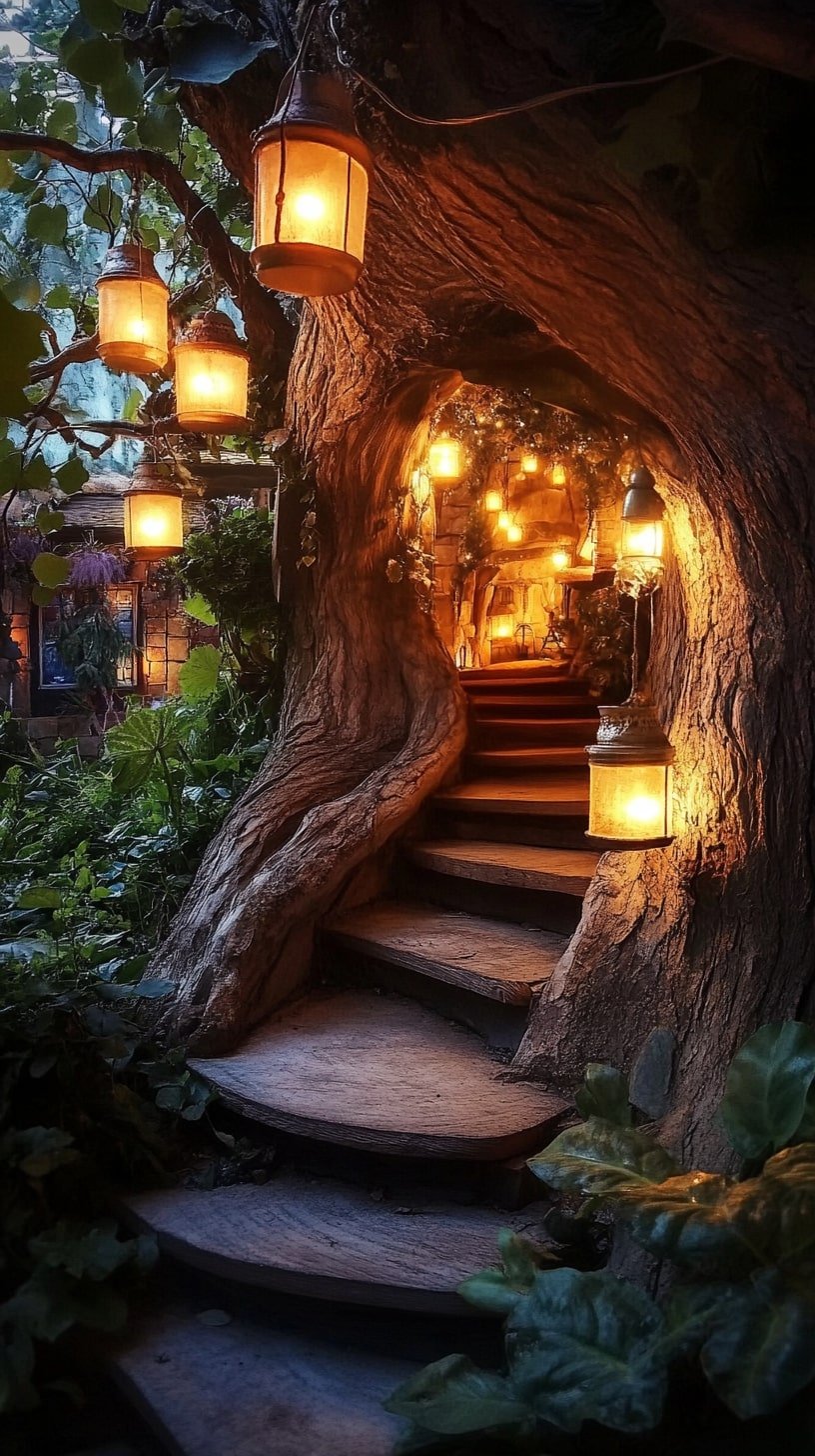 Tree Stump Fairy Village with Twinkling Lights