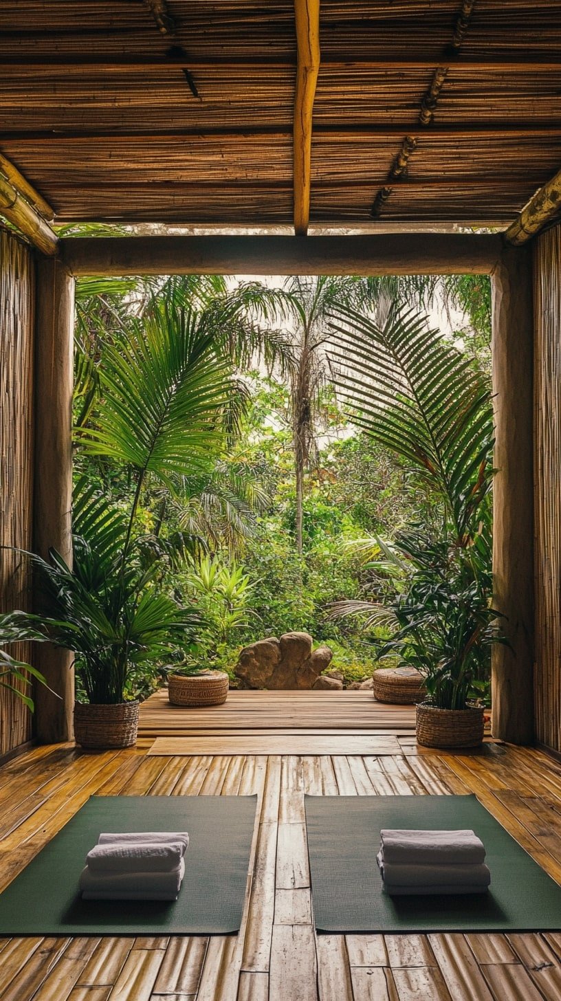 Tropical Garden Yoga Deck with Lush Foliage