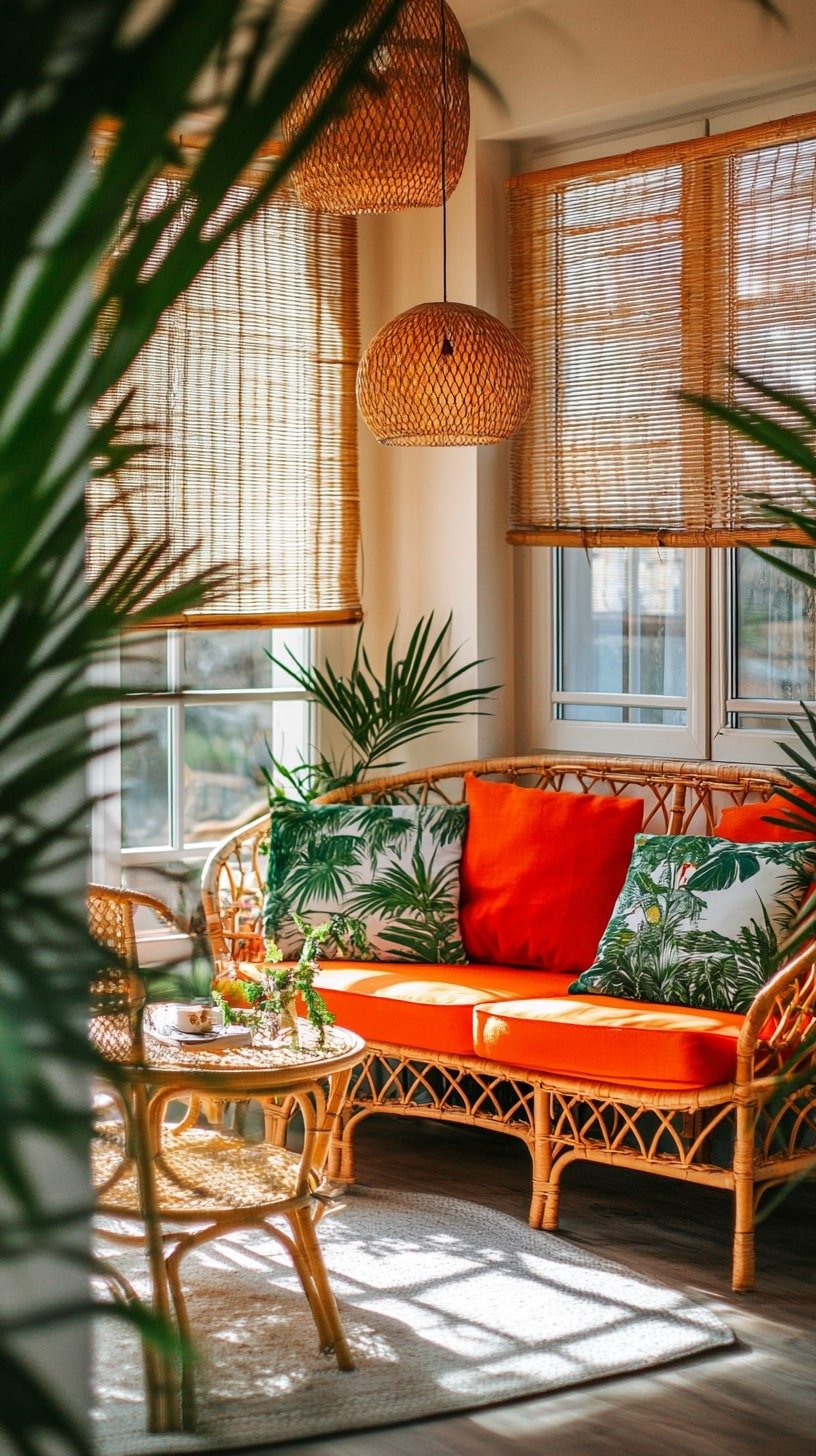 Tropical-Inspired Living Room with Bright Orange Couch and Palms