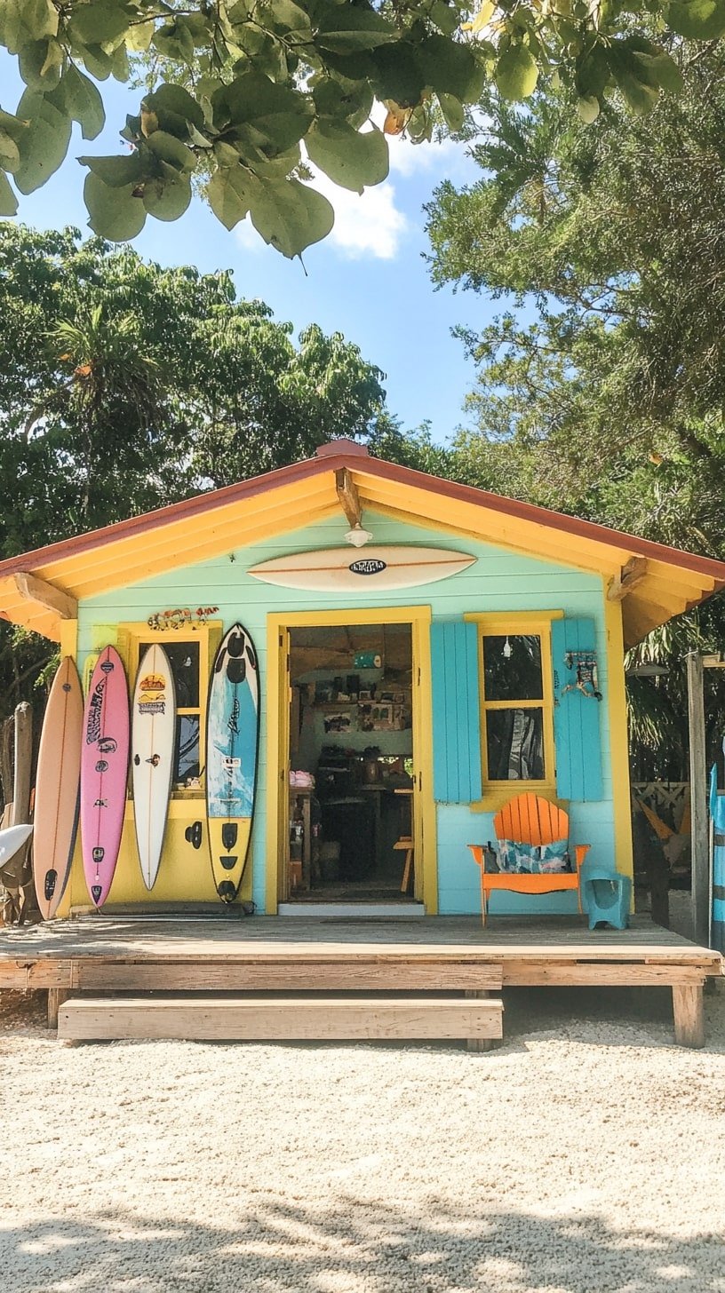 Tropical Tiny Home with Colorful Shutters and Board Storage