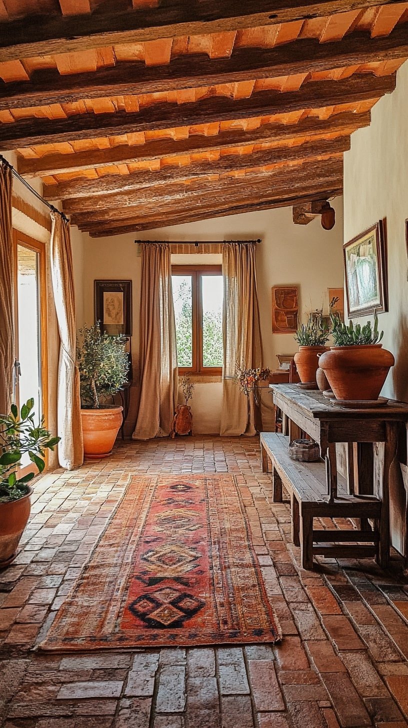 Tuscan-Inspired Living Room with Aged Wood and Clay Pots