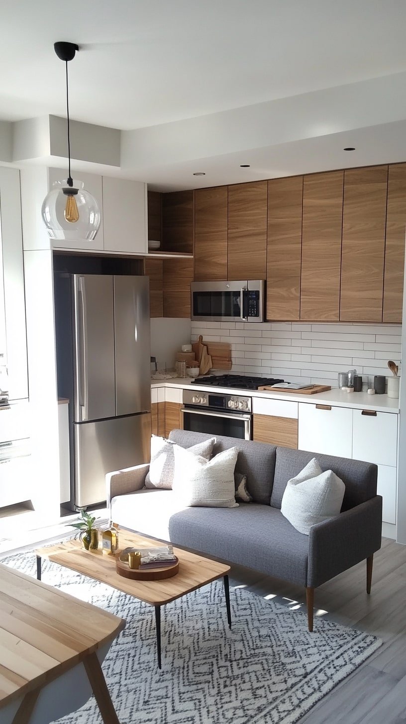 Two-Tone Kitchen with Gray Couch in Modern Open Layout
