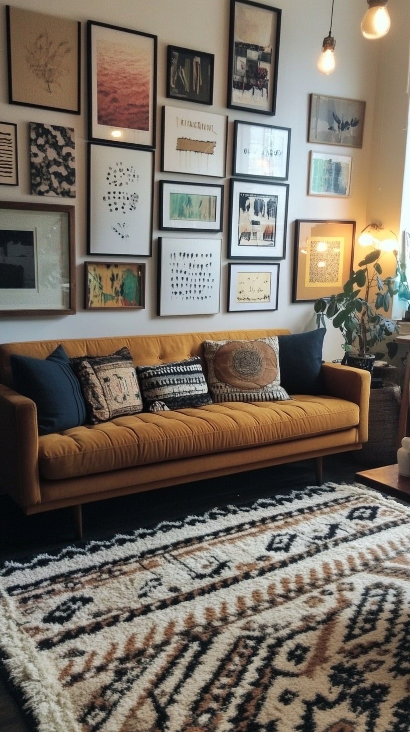 Urban Apartment Living Room with Leather Couch and Bold Artwork