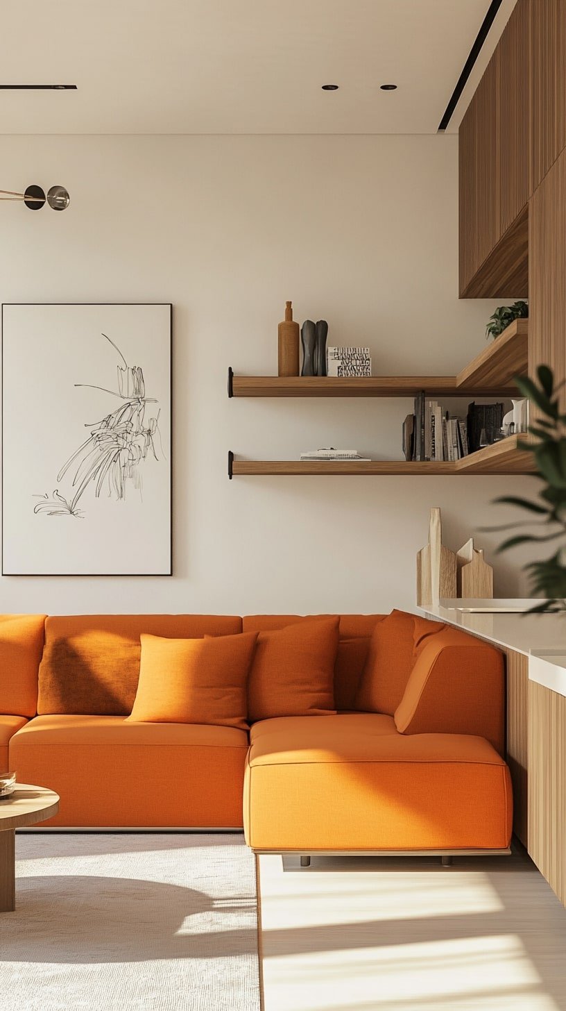Urban Apartment with Orange Sectional and Floating Shelves