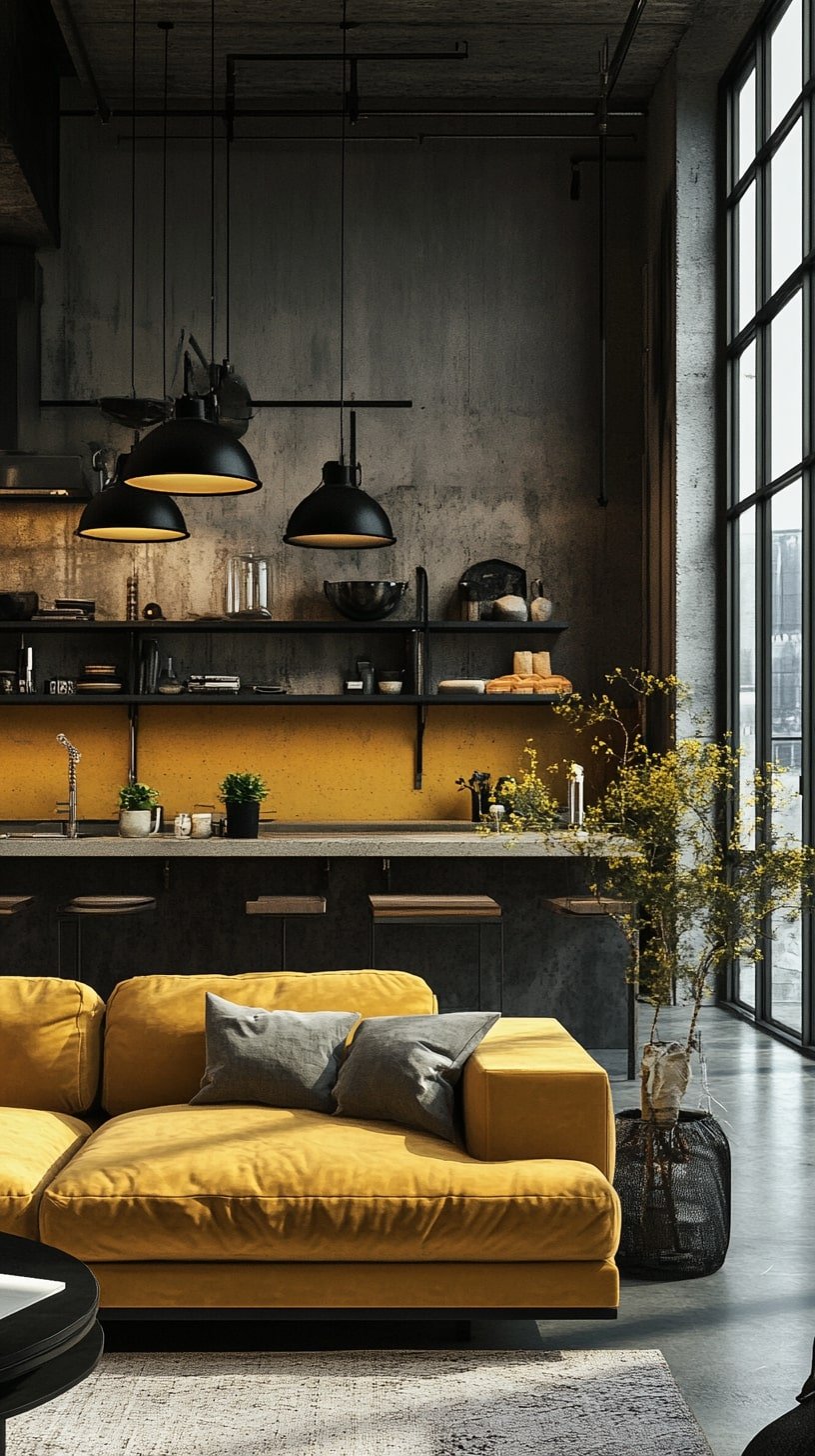 Urban Living Room with Yellow Couch and Black Metal Accents