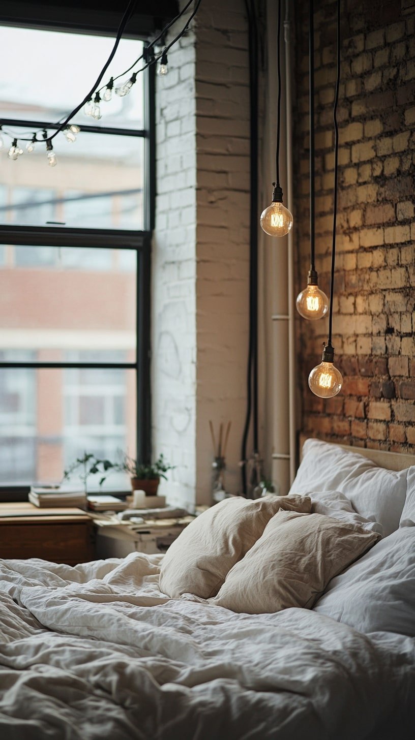 Urban Loft Bedroom with Hanging Edison Lights