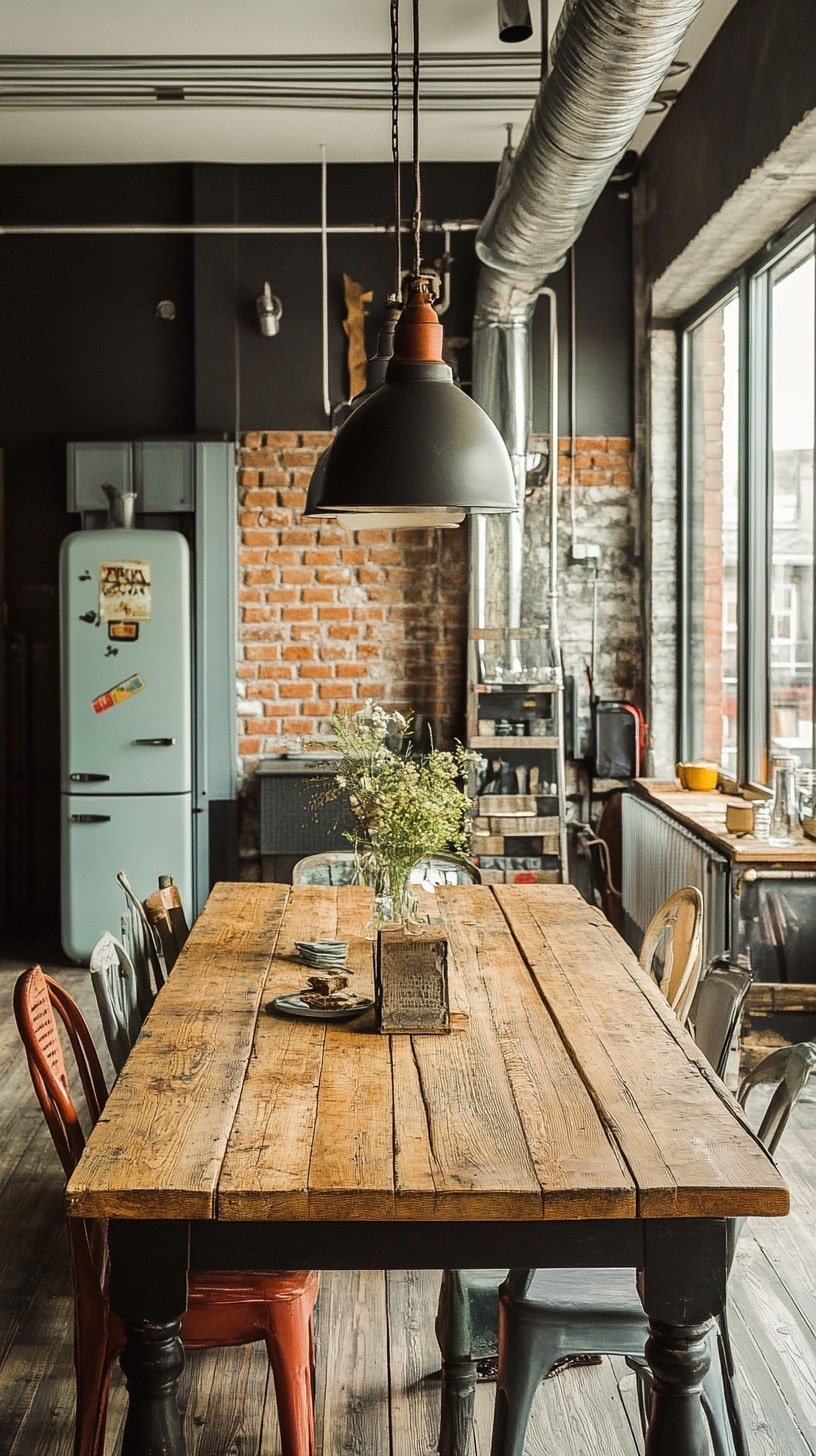Urban Loft Dining Space with Long Table and Mixed Chairs