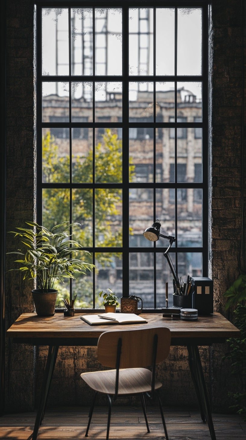 Urban Loft Office Nook with Large Window and Desk