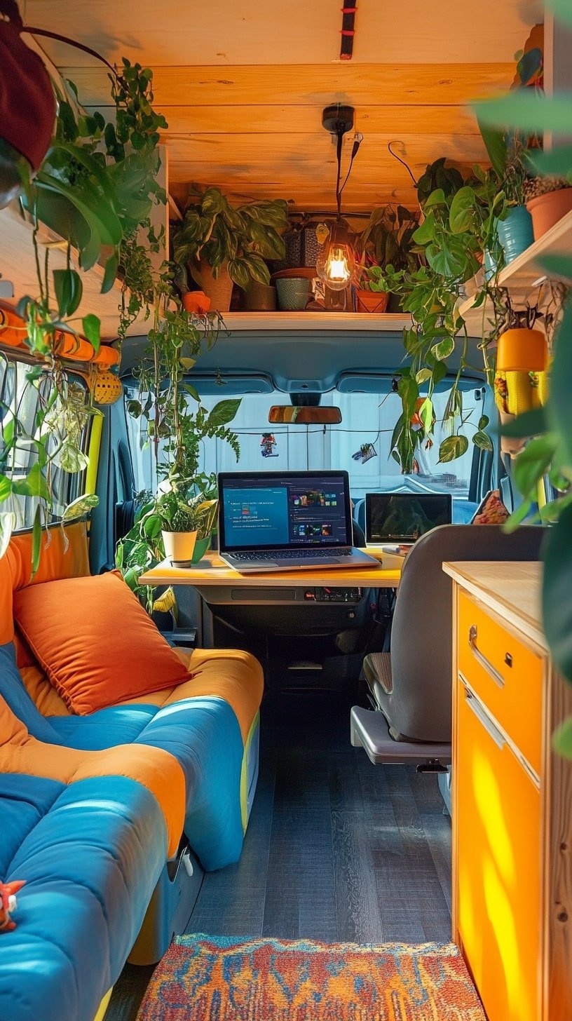 Van Conversion with Indoor Plants and Creative Studio Setup