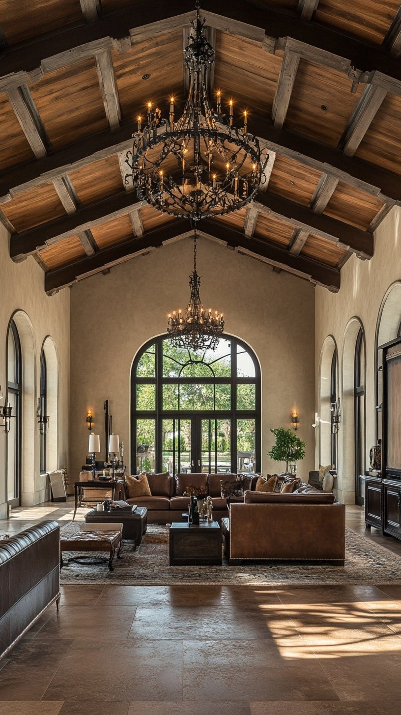 Vaulted Ceiling Living Room with Iron Fixtures and Warm Tones