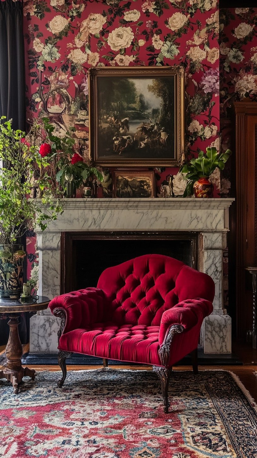 Victorian Parlor with Red Velvet Seating and Patterned Wallpaper