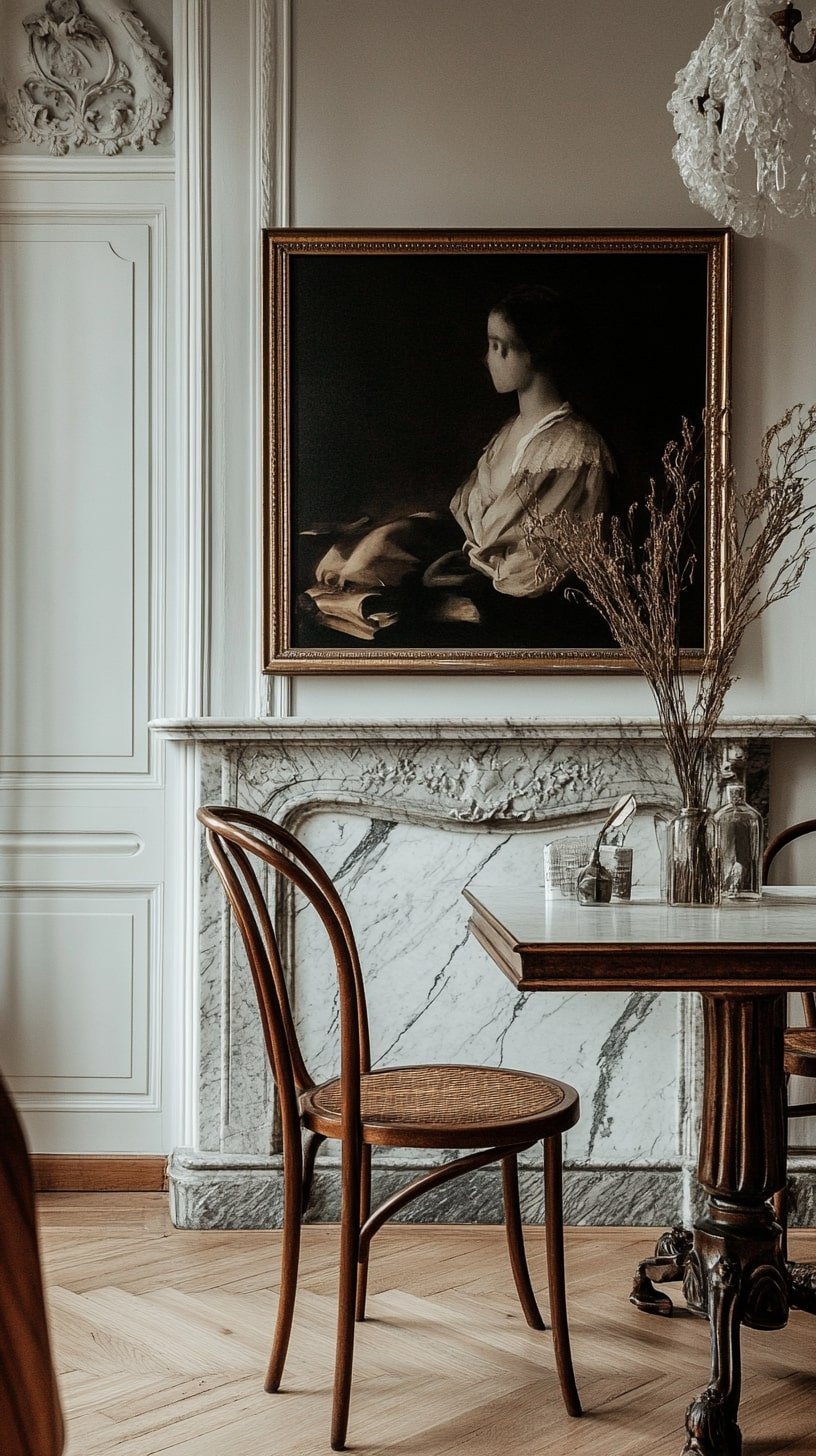 Viennese Antique Lounge with Bentwood Chairs and Marble Fireplace