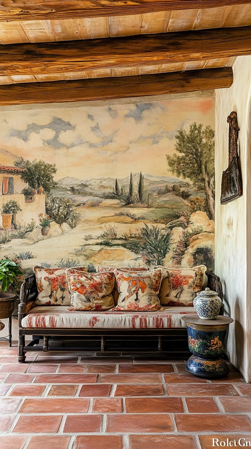 Villa Lounge with Mural Wall and Vintage Ceramic Decor