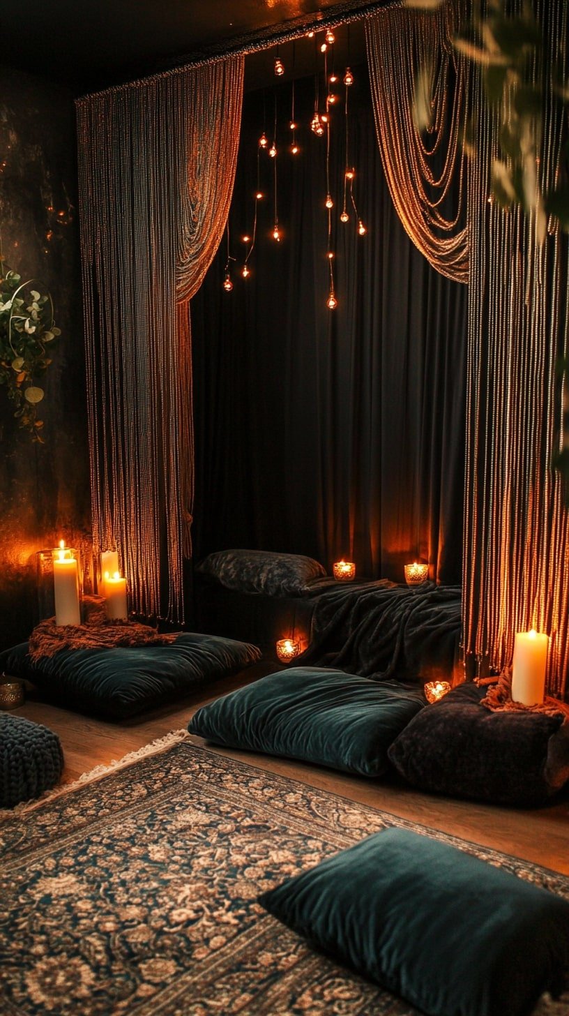 Vintage Boho Studio with Beaded Curtains and Candles