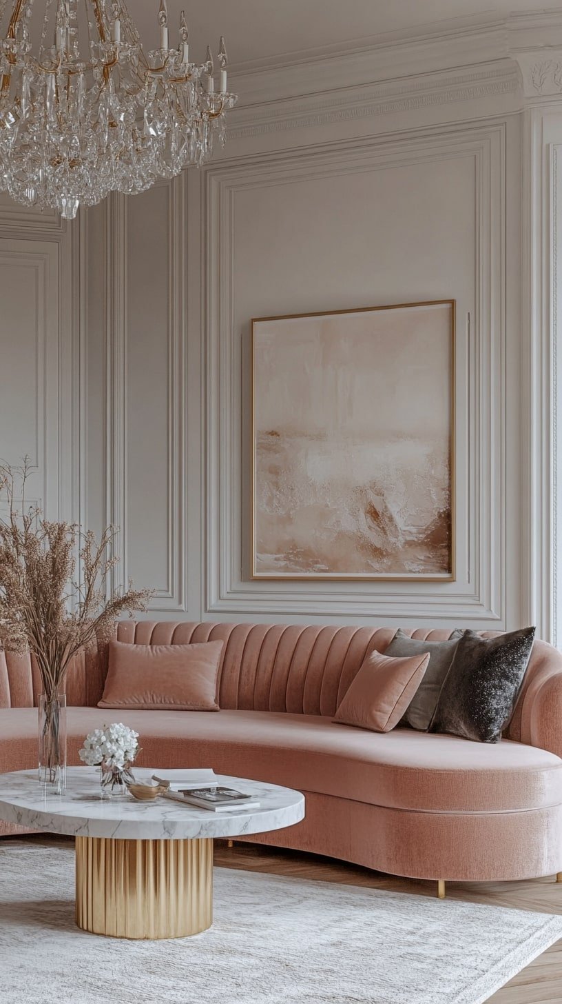 Vintage Glam Room with Crystal Chandelier and Curved Sofa