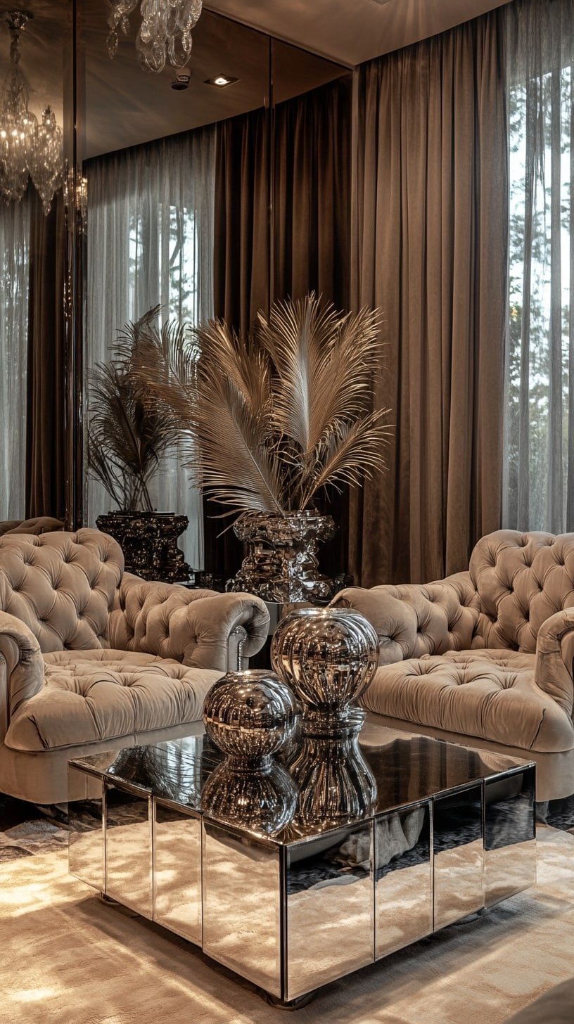 Vintage Hollywood Regency Lounge with Mirrored Furniture