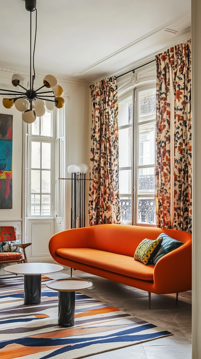 Vintage Lounge with Orange Couch and Patterned Drapes