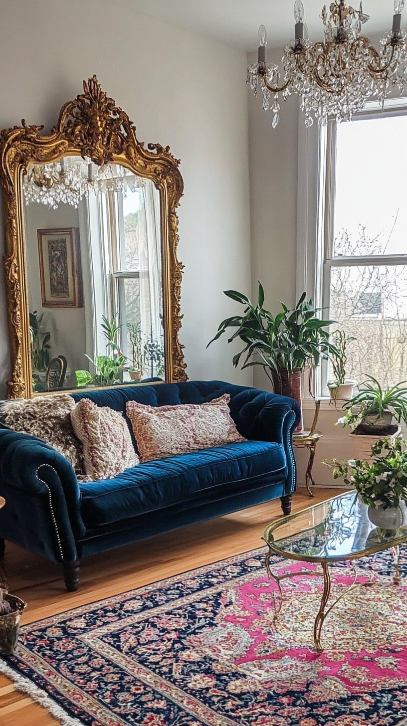  Vintage Luxe Room with Peacock Blue Sofa and Ornate Rugs