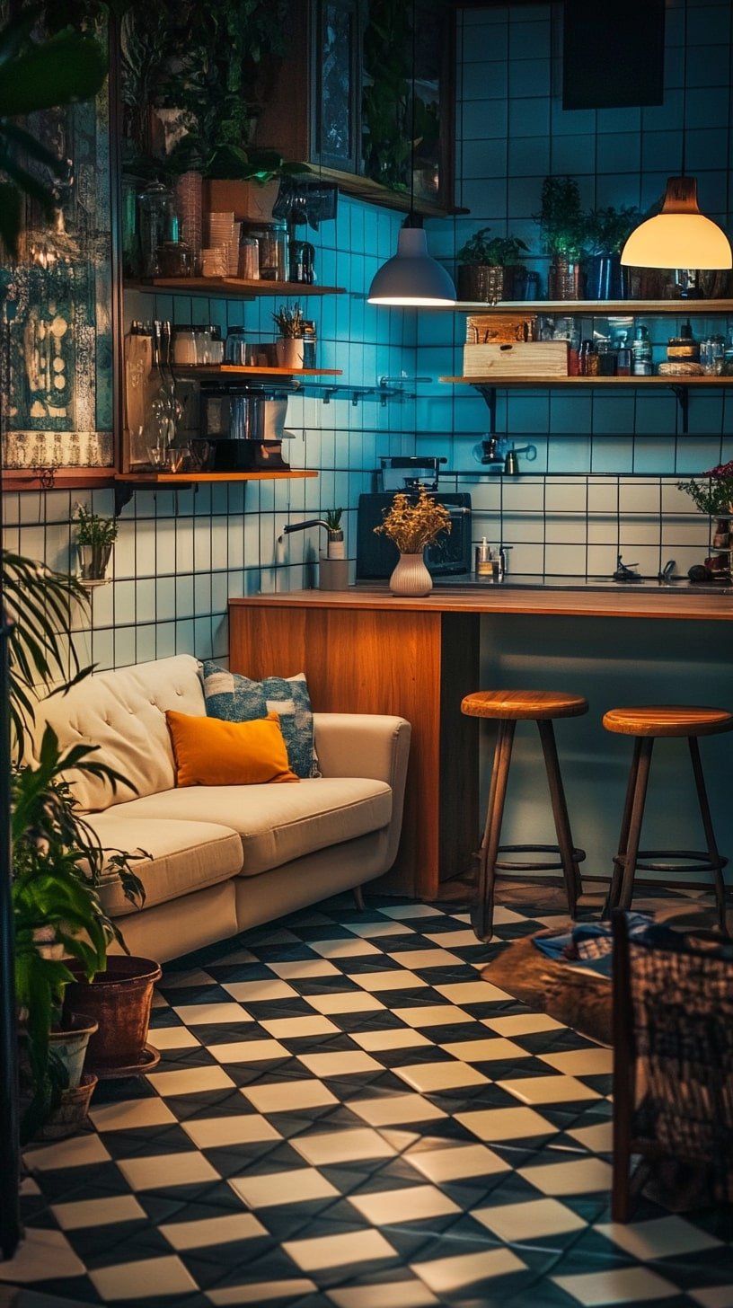 Vintage-Modern Small Space with Checkered Flooring