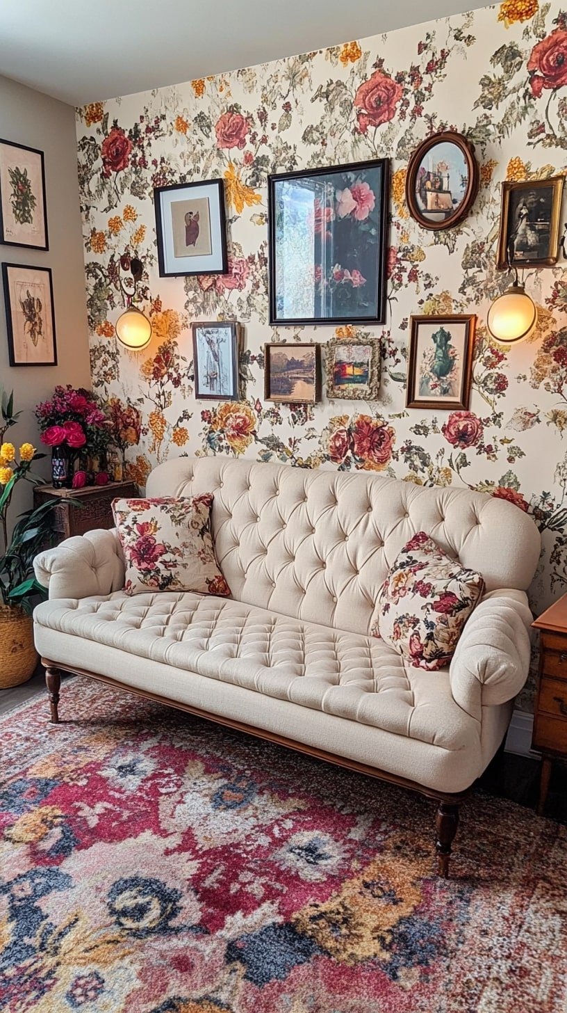 Vintage Tiny Living Room with Patterned Wallpaper
