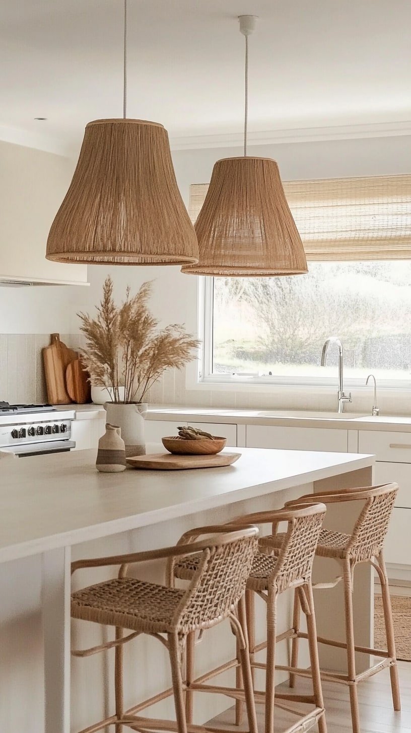 Warm Beige and White Color Palette with Woven Lighting