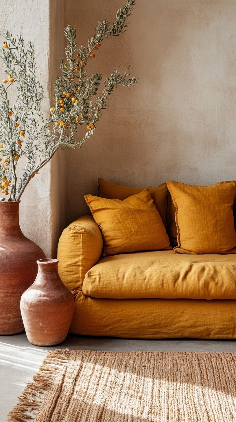 Warm Earth-Tone Room with Ochre Couch and Natural Textures