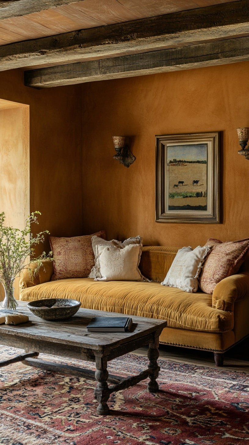  Warm Mediterranean Living Room with Ochre Walls and Rustic Wood
