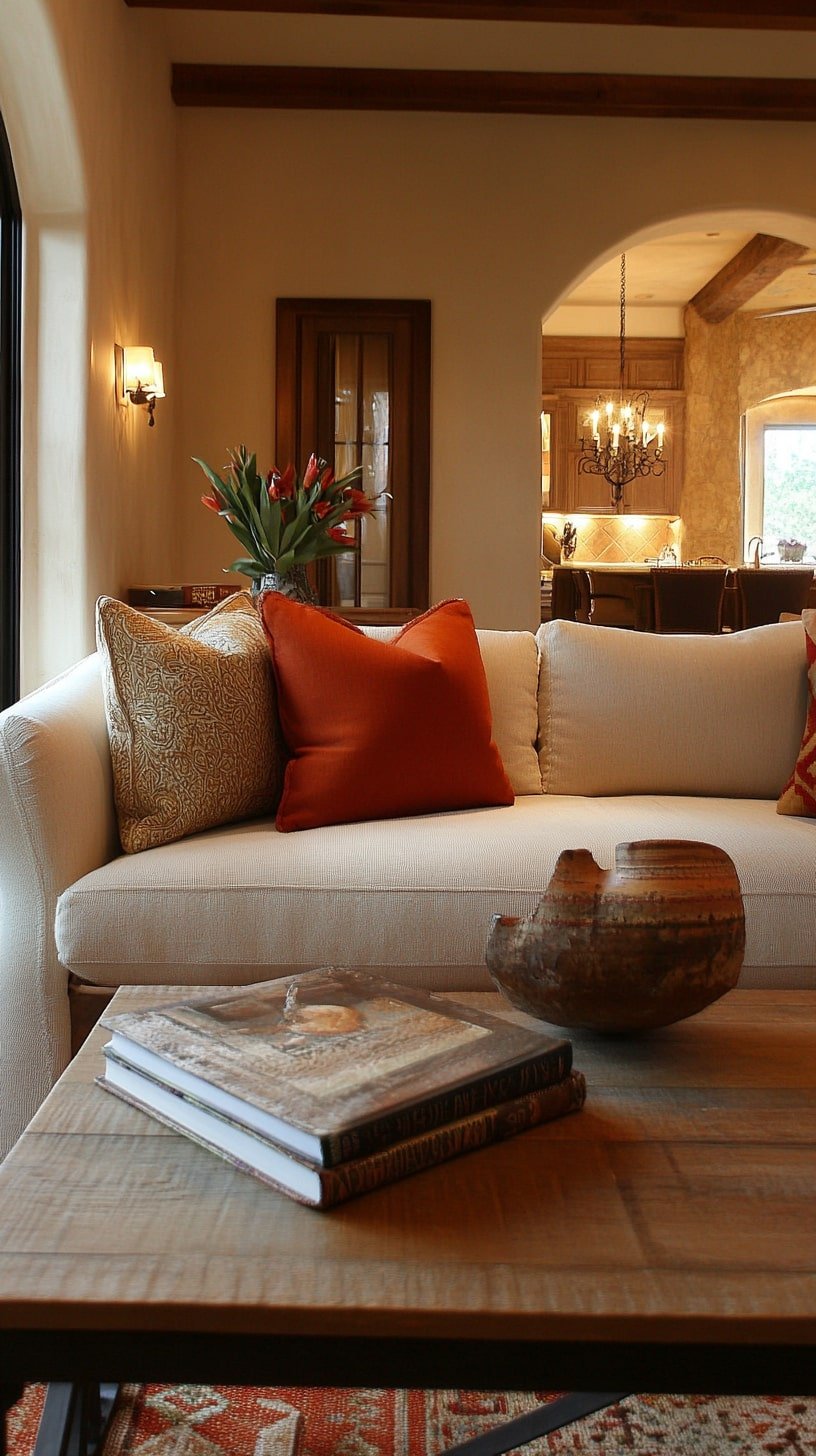 Warm-Toned Living Room with Terracotta Pillows and Wood Coffee Table