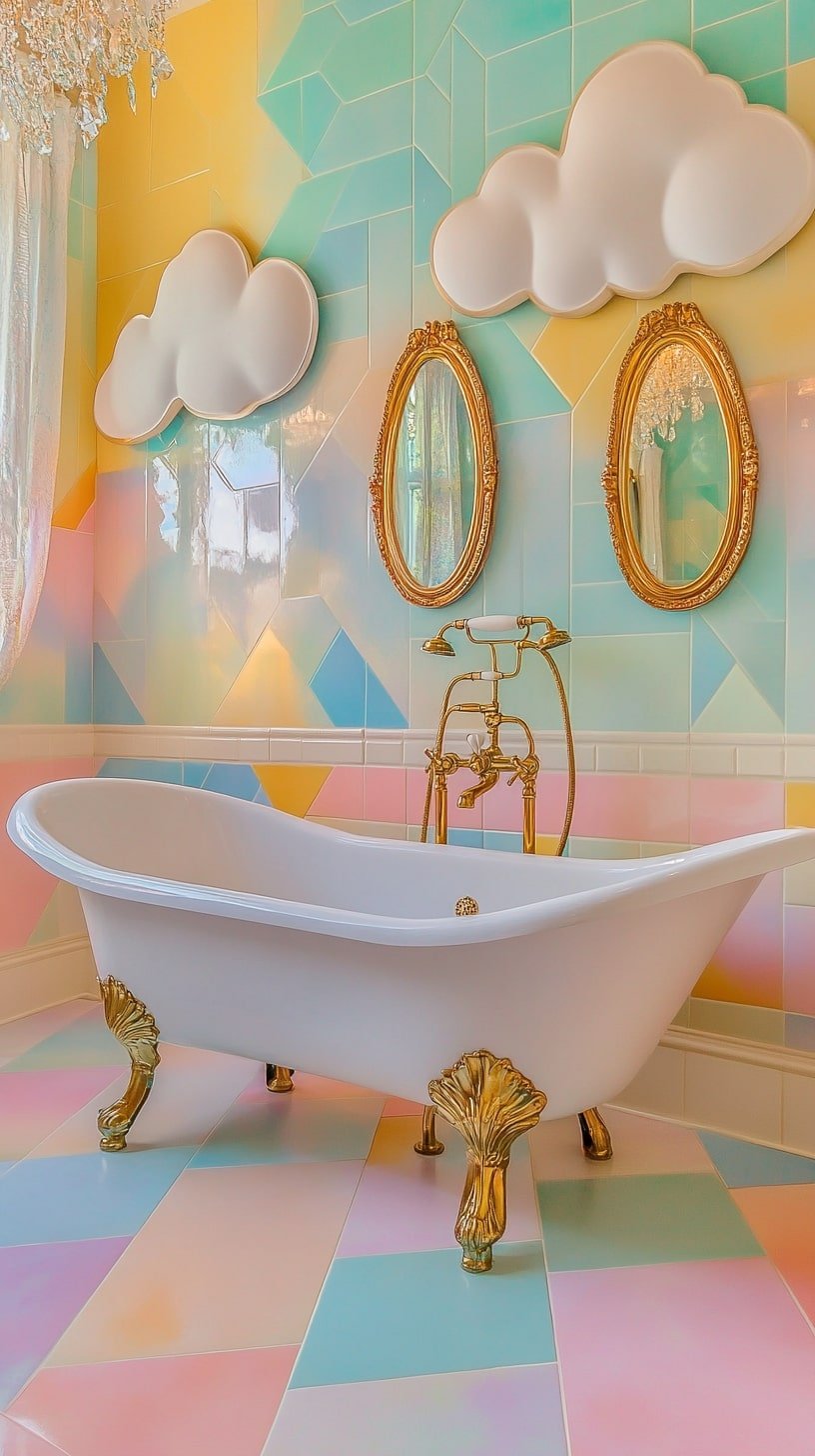 Whimsical Bathroom with Rainbow Tile and Gold Fixtures