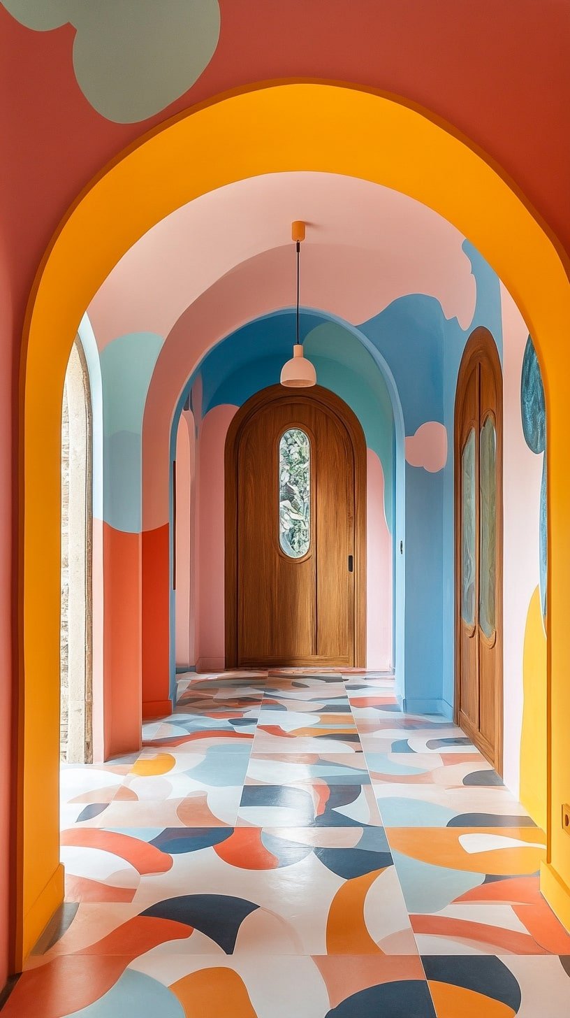 Whimsical Hallway with Arched Doors and Painted Floors