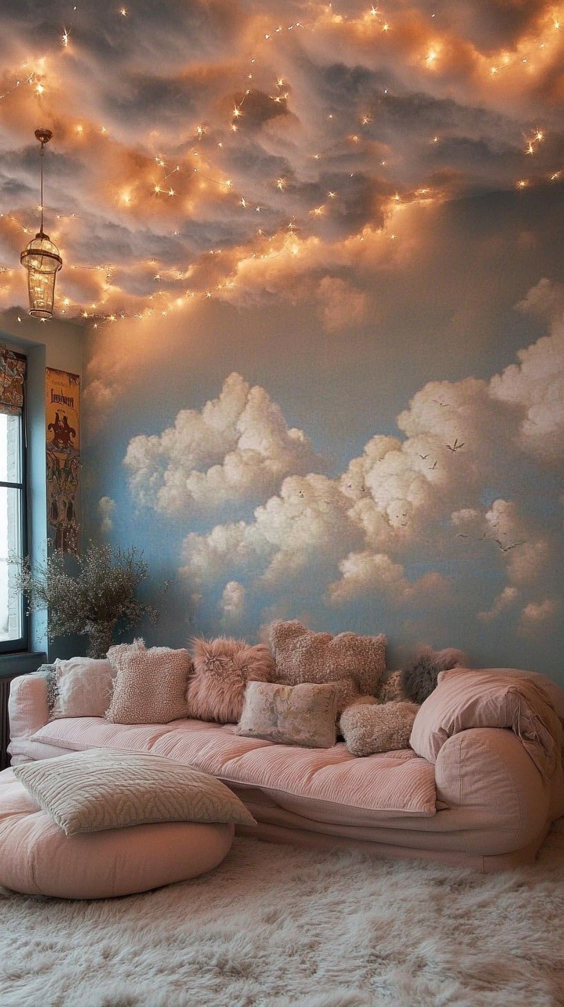 Whimsical Living Room with Cloud Ceiling and Hanging   Lights