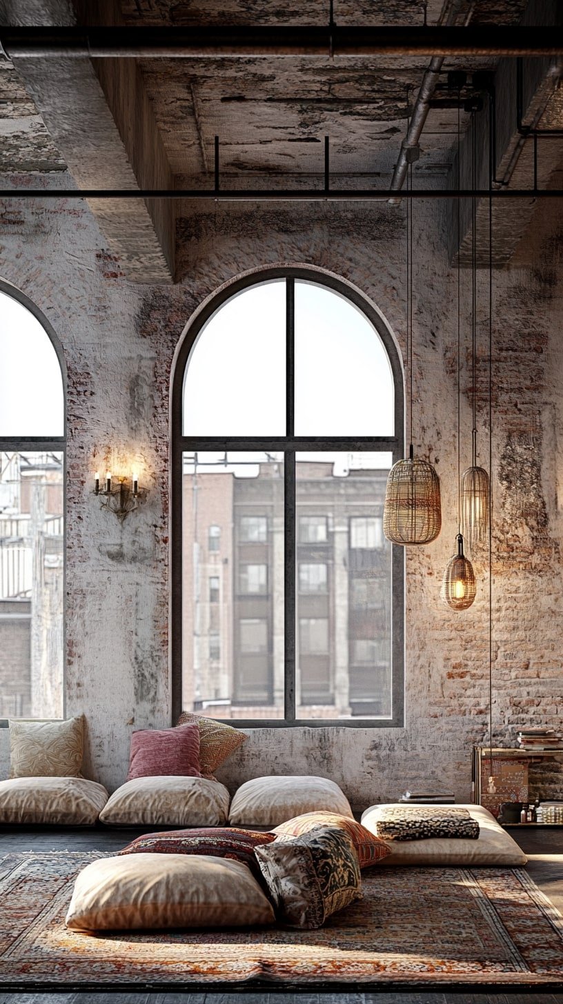 Whimsical Loft with Oversized Cushions and Arched Windows