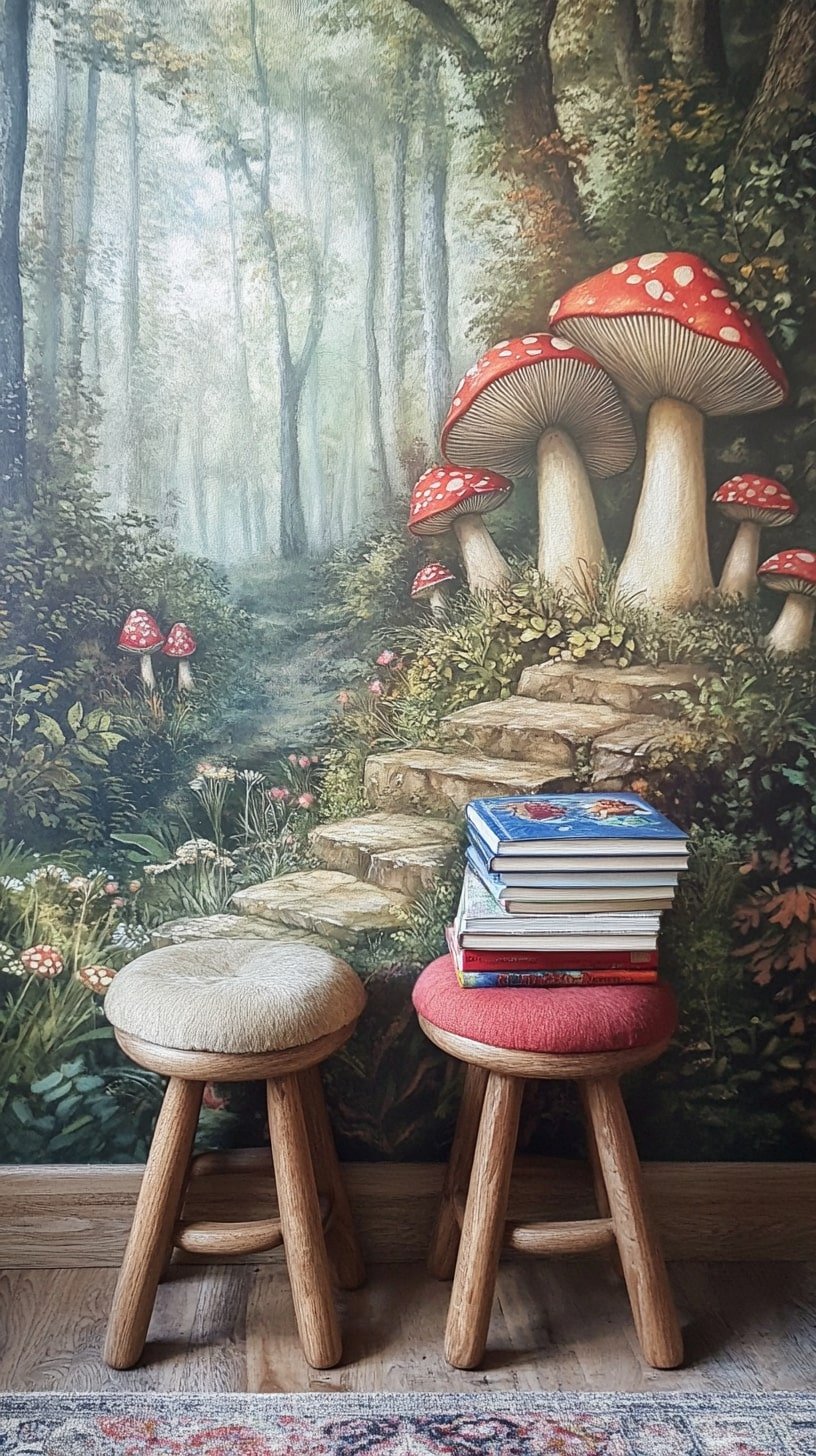 Whimsy Children’s Room with Tree Mural and Floating Shelves