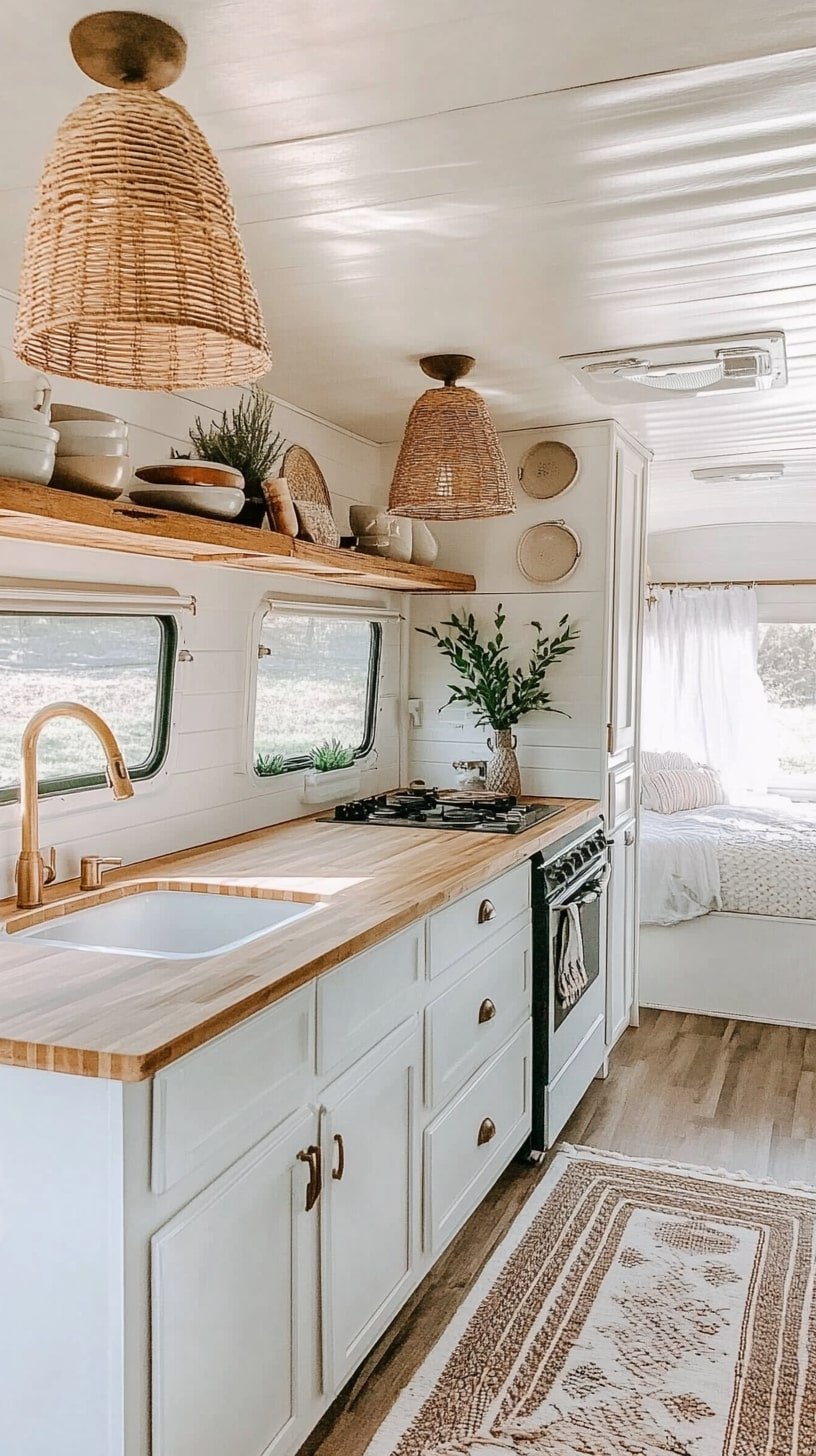 White Boho RV Kitchen with Rattan Pendant Lights