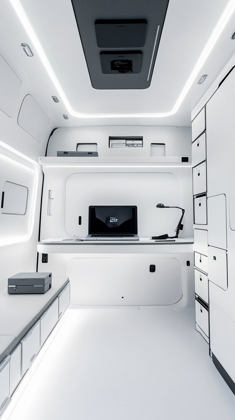 White Van Build with Hidden Desk and Overhead Storage